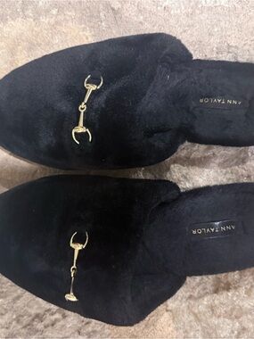 Ann Taylor Black Faux-Fur Mule with Gold Bit Accent